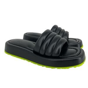 New P448 Fergie Puffy Quilted Black & Green Leather Slide Sandals Size 38